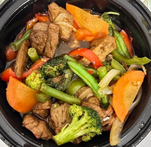 Vegetarian Duck with Chili Basil Sauce.